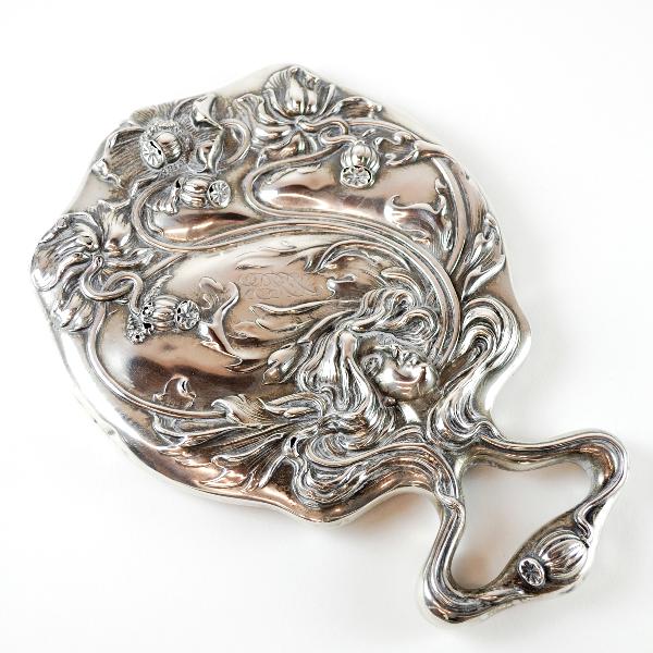 Sterling SIlver Art Nouveau Monogramed Beveled Hand: Sterling SIlver Art Nouveau Monogramed Beveled Hand Mirror Height: 8 in; width 5.5 in; depth .5 in