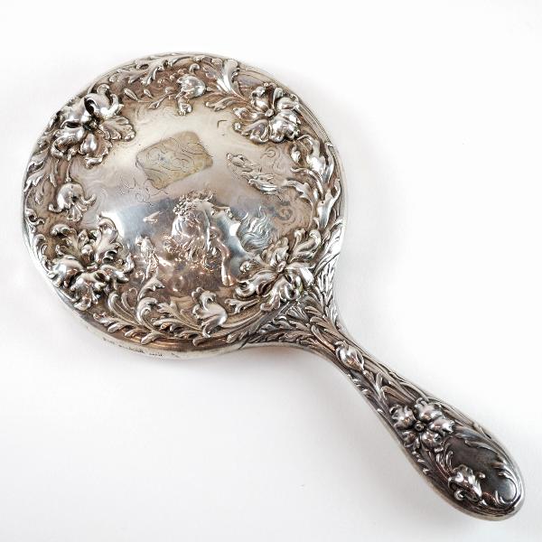 One Sterling Silver Art Nouveau Hand Mirror: One Sterling Silver Art Nouveau Hand Mirror Height: 9.5 in; width 5 in; depth .5 in