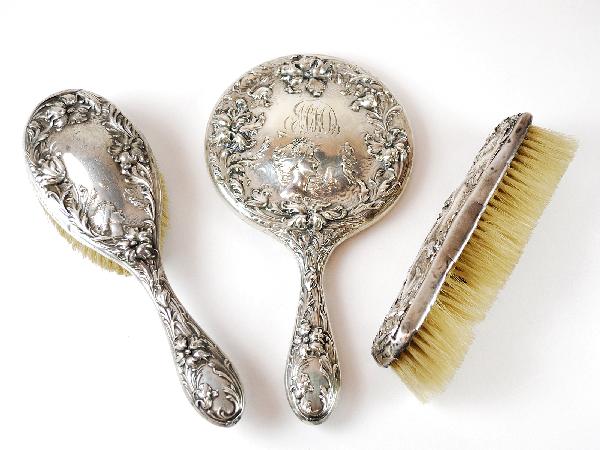 Three Piece Sterling SIlver Art Nouveau Monogramed: Three Piece Sterling SIlver Art Nouveau Monogramed Vanity Set with Beveled Hand Mirror, Hairbrush and Clothes Brush Hand Mirror Height: 9.5 in; width 5 in; depth .5 in