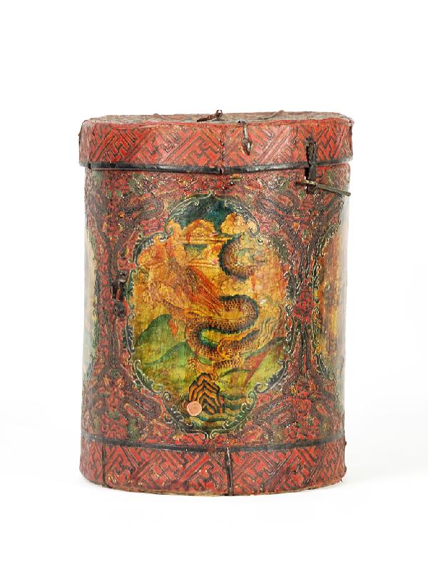 A PAINTED ANTIQUE CHINESE CYLINDRICAL CONTAINER Tw: A PAINTED ANTIQUE CHINESE CYLINDRICAL CONTAINER Twentieth Century The large wooden container painted to the body on hand-tooled leather with animal motif panels, and fitted lid secured with c-ring hin