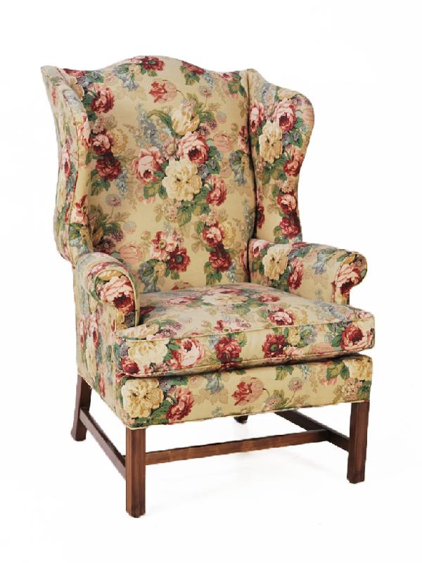 AN ISENHOUR WINGBACK CHAIR: AN ISENHOUR WINGBACK CHAIR with Ralph Lauren floral upholstery 45 x 30 x 19 inches