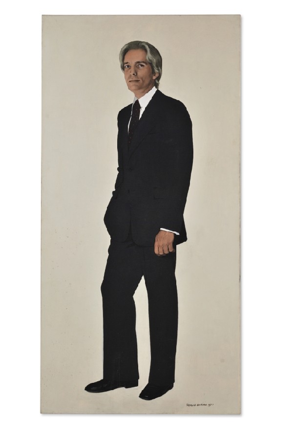 GERARD DE ROSE, R.B.A., A.R.C.A, F.R.S.A. (British: GERARD DE ROSE, R.B.A., A.R.C.A, F.R.S.A. (British, 1918-1987) Portrait of J. Fred, 1977 Oil on canvas Signed and dated lower right 72 x 36 inches (182.9 x 91.4 cm)