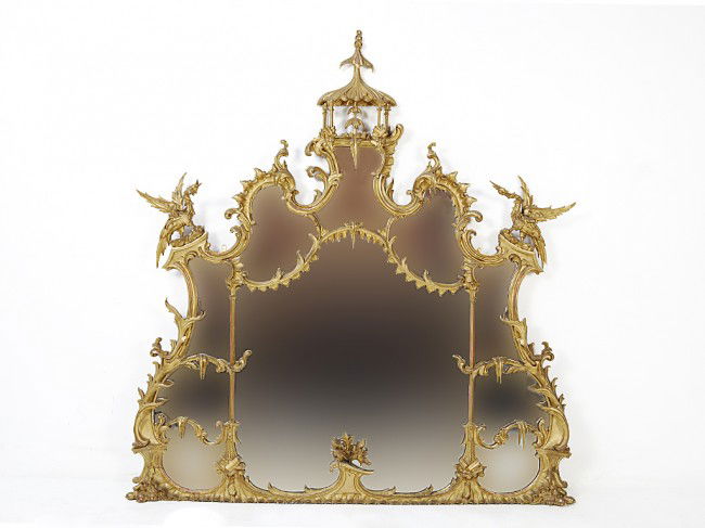A RARE AND FINE CHINESE CHIPPENDALE CARVED GILTWOOD: A RARE AND FINE CHINESE CHIPPENDALE CARVED GILTWOOD OVER-MANTEL MIRROR England, Circa 1800-1820 Based on a design by Thomas Chippendale in the Oriental rococo style, as illustrated in "The Gentleman a
