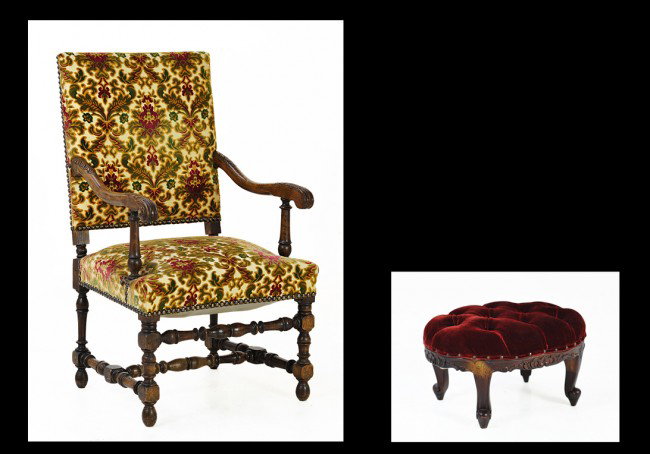 A FLEMISH OPEN ARMCHAIR AND TUFTED VELVET UPHOLSTE: A FLEMISH OPEN ARMCHAIR AND TUFTED VELVET UPHOLSTERED FOOTSTOOL with velvet upholstery and brass tack trim, paired with a petite ruby velvet tufted foot stool 43 x 25 x 20 inches / 9 x 18 1/2 x 14 inc