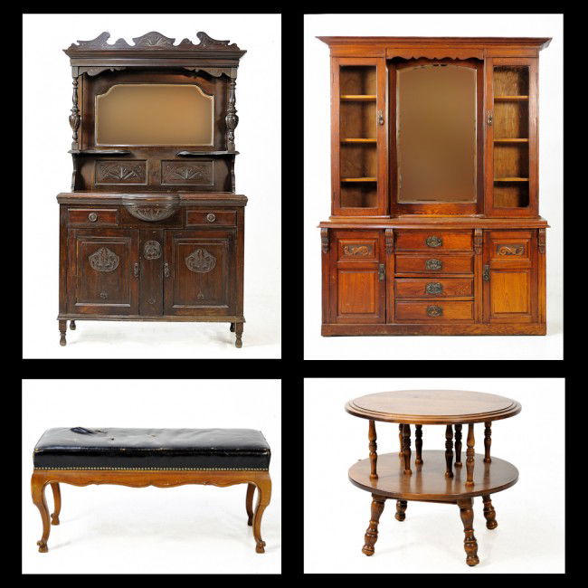 A MISCELLANEOUS GROUP OF FURNITURE: A MISCELLANEOUS GROUP OF FURNITURE Including an antique server with beveled mirror and carved details,an oak dresser and beveled mirror hutch, a leather top bench with cabriole legs and brass tack tri