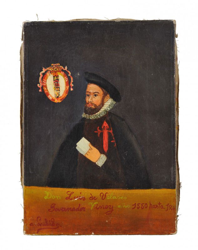 AGAPITO LABIOS, (Mexican,1898-1996), Don Luis de Va: AGAPITO LABIOS (Mexican,1898-1996) Don Luis de Valesco Oil on canvas Signed "A. Labios" lower left Inscribed lower register "Don Luis de Valesco - Governador Viney ano 1550 hasta 1564" 11 x 8 inches (
