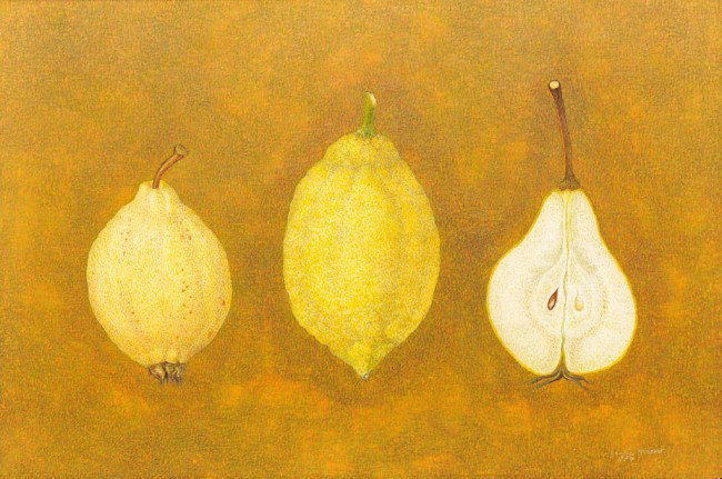 LUIS GARCIA GUERRERO, (Mexican, b. 1921), Sill Life: LUIS GARCIA GUERRERO (Mexican, b. 1921) Sill Life: Guava, Pear and Lime, 1974 Oil on masonite Signed and dated "Garcia Guerrero 1974" etched lower right 9 1/8 x 13 1/4 inches (23 x 33.5 cm)