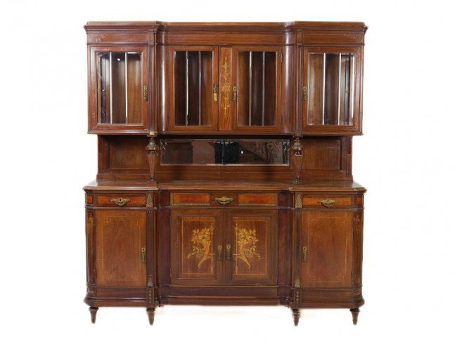A LOUIS XVI FLOWER INLAID AND MAHOGANY BUFFET: A LOUIS XVI FLOWER INLAID AND MAHOGANY BUFFET Beveled glass and mirror 88 x 83 x 23 inches