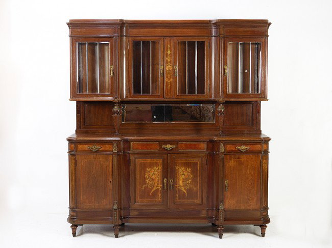 A LOUIS XVI FLOWER INLAID AND MAHOGANY BUFFET: A LOUIS XVI FLOWER INLAID AND MAHOGANY BUFFET Beveled glass and mirror 88 x 83 x 23 inches