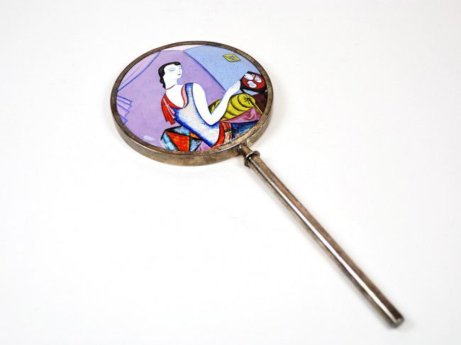 A VIENNESE HAND MIRROR, Possibly by Dagobert Peche,: A VIENNESE HAND MIRROR Possibly by Dagobert Peche, Vienna, Austria, Early Twentieth Century Polychrome enamel hand mirror