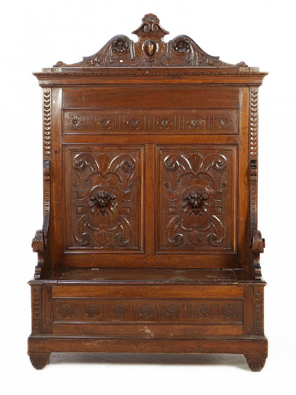 A WALNUT RENAISSANCE REVIVAL HALL BENCH: A WALNUT RENAISSANCE REVIVAL HALL BENCH With Storage 89 x 52 x 21 inches