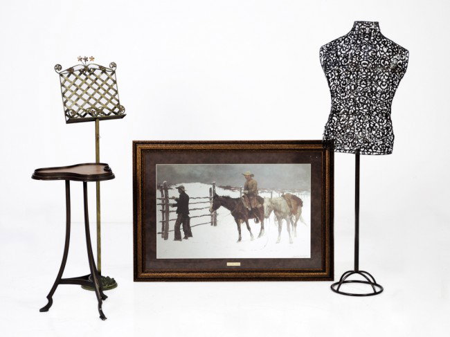 A COLLECTION OF MISCELLANEOUS ITEMS: A COLLECTION OF MISCELLANEOUS ITEMS including a dress form with pierced and painted metal in a scroll design on a slender columnar stand, a music stand of antiqued brass, a framed Frederic Remington p