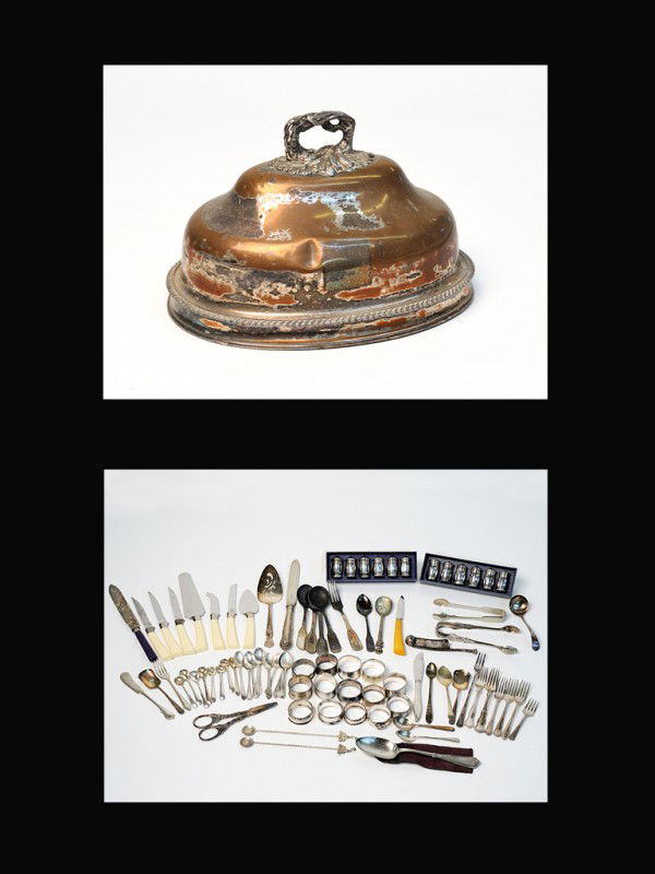 A MISCELLANEOUS LOT OF SILVERWARE TOGETHER WITH A S: A MISCELLANEOUS LOT OF SILVERWARE TOGETHER WITH A SILVER PLATED OVAL DISH LID WITH FOLIATE HANDLE Including sterling napkin rings, sterling salt and pepper shakers for the table, sheffield knives with
