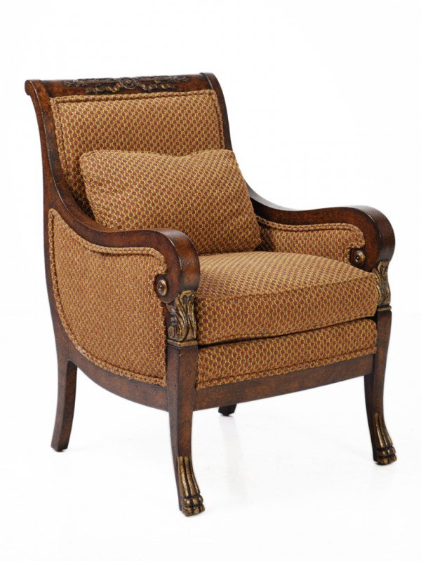 A COUNCILL ROLLED BACK NEOCLASSICAL OAK BERGERE: A COUNCILL ROLLED BACK NEOCLASSICAL OAK BERGERE with ribbon and apron carving to crest rail, upholstered back and seat, on paw feet 39 1/4 x 27 x 24 inches