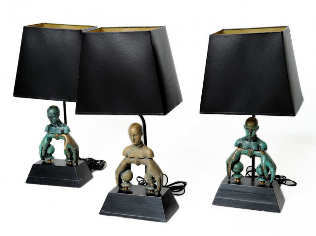 THREE BUSTAMANTE LAMPS WITH BRONZE SCULPTURE BASES: THREE BUSTAMANTE LAMPS WITH BRONZE SCULPTURE BASES By Sergio Bustamante 7 1/2 x 6 1/2 x 19 1/2 inches
