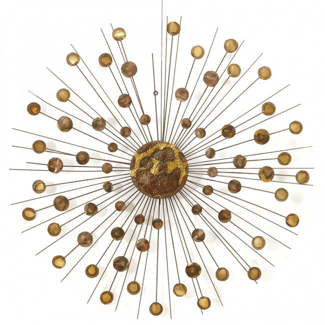 A JERE-STYLE VINTAGE SUN SCULPTURE WALL HANGING In: A JERE-STYLE VINTAGE SUN SCULPTURE WALL HANGING In the style of Curtis Jere The handmade sun sculpture of several metal disks and rays. 51 1/2 inches diameter