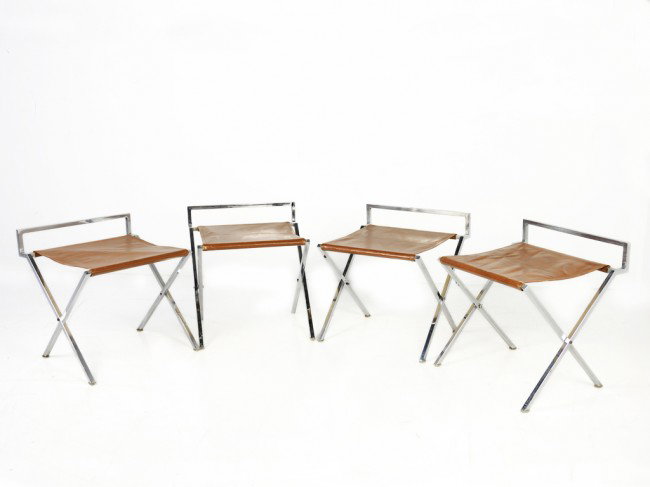 FOUR STEEL AND LEATHER FOLDABLE X-FORM LUGGAGE RAC: FOUR STEEL AND LEATHER FOLDABLE X-FORM LUGGAGE RACKS Malinche, Monterrey, Mexico The folding steel frame with fine calf skin in coffee color. 21 1/2 inches width x 23 1/4 inches height
