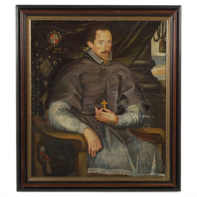 SPANISH COLONIAL SCHOOL , Untitled (Seated Nobleman: SPANISH COLONIAL SCHOOL Untitled (Seated Nobleman) oil on canvas inscribed below family crest "AE TIS SVAE 36 ANo 1631" 38 1/2 x 33 inches Provenance: Simpson Galleries Fine Art & Antiques