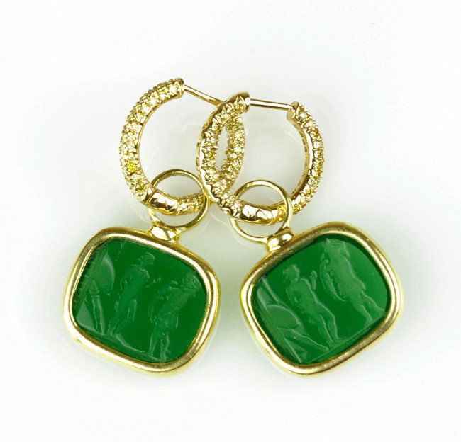 A LADIES 18K GOLD PAVÈ HOOPS WITH INTAGLIO EARRING : A LADIES 18K GOLD PAVÈ HOOPS WITH INTAGLIO EARRING CHARMS BY DESIGNER WILLIAM HALL TThese custom designed and earrings are set with 148 natural fancy yellow diamonds=.75 Ct., Clarity Grade-VS2. The e