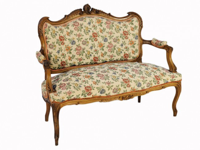 A LOUIS XV WALNUT SETTEE, French: A LOUIS XV WALNUT SETTEE, French Upholstered 38 x 48 1/2 x 19 inches