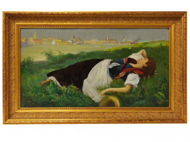 MARIO TARTAGLIA, (Croatian, 1894-1984), Untitled (: MARIO TARTAGLIA (Croatian, 1894-1984) Untitled (Woman in a Landscape) Oil on board Signed "M. TARTAGLIA" lower right 16 x 30 inches (40.6 x 76.2 cm) From 1931 he was a professor at Zegrab Art Academy 