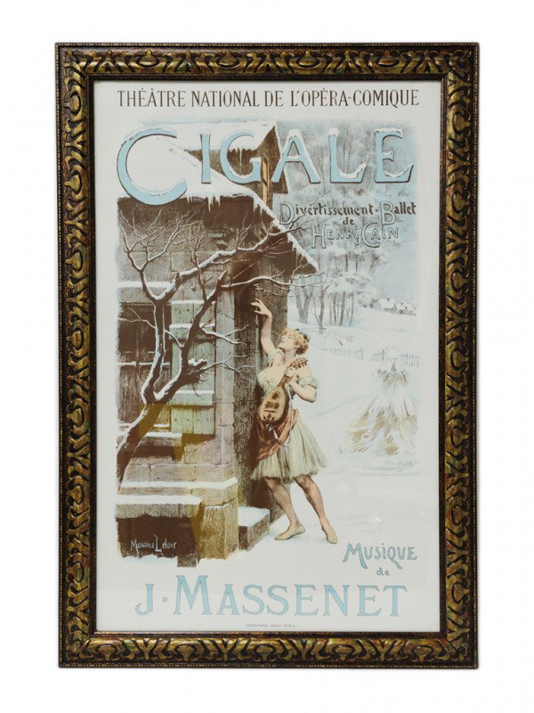 MAURICE LELOIR, (French, 1853-1940), Cigale: MAURICE LELOIR (French, 1853-1940) Cigale lithographic print printed by Devambez for Cigale Ballet, Scenario by Henri Cain; Music by Jules Massenet, Opera-Comique, Feb. 4, 1904 35 x 22 inches