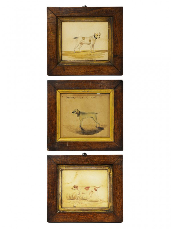 JOHAN FREDRIK WEBSTER JULIN, (Swedish, 1798-1843): JOHAN FREDRIK WEBSTER JULIN (Swedish, 1798-1843) A group of three watercolors of hunting dogs, Circa 1818-1820 Watercolor on paper Two signed; the first, inscribed upper margin "NELSON, Cast July 15th