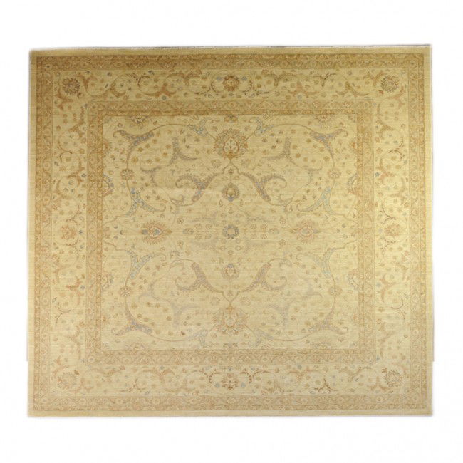 A FINE PAKISTAN OUSHAK RUG New Lustrous velvety sh: A FINE PAKISTAN OUSHAK RUG New This opulent antique finish design cleverly articulated to suggest the design of antique Turkish Oushak rugs. Oversize design in a subdued antique gold/beige ground with