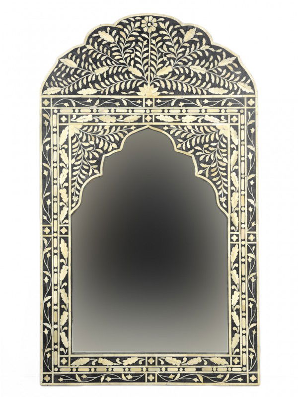 A MUGHAL STYLE NORTH INDIAN ANTIQUE MIRROR: A MUGHAL STYLE NORTH INDIAN ANTIQUE MIRROR inlaid bone 51 x 30 inches