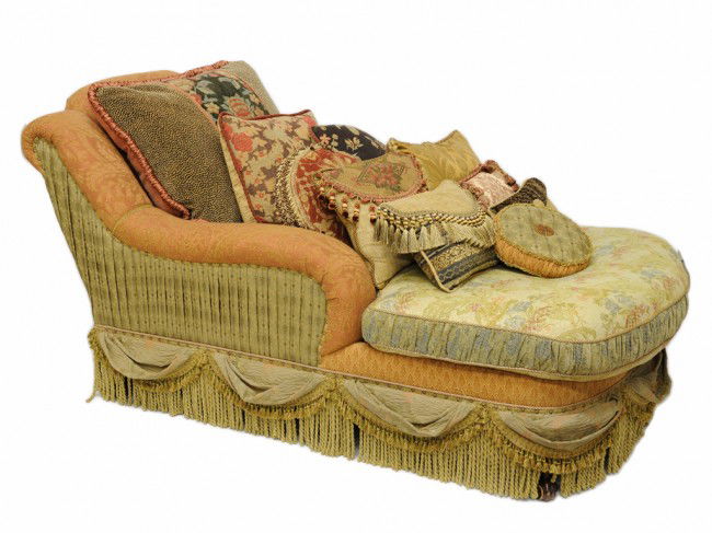 A JEFF ZIMMERMAN COLLECTION CHAISE LOUNGE: A JEFF ZIMMERMAN COLLECTION CHAISE LOUNGE with down filled cushions and accent pillows 39 x 75 x 43 inches