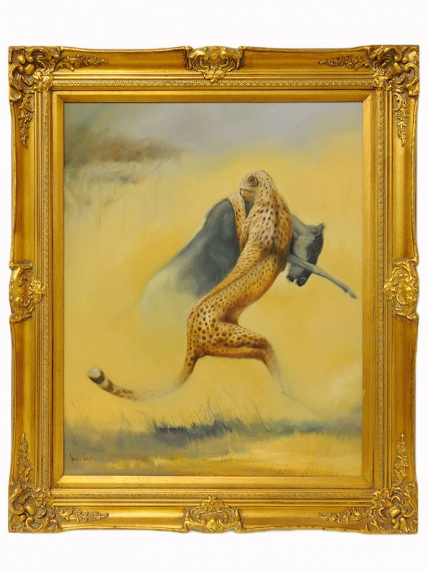 SPENCER HODGE, (British, b. 1943), Cheetah and You: SPENCER HODGE (British, b. 1943) Cheetah and Young Wildebeest oil on canvas signed lower left 24 x 30 inches Hodge attended the Hastings School of Art and the Royal West of England Academy and is a ce