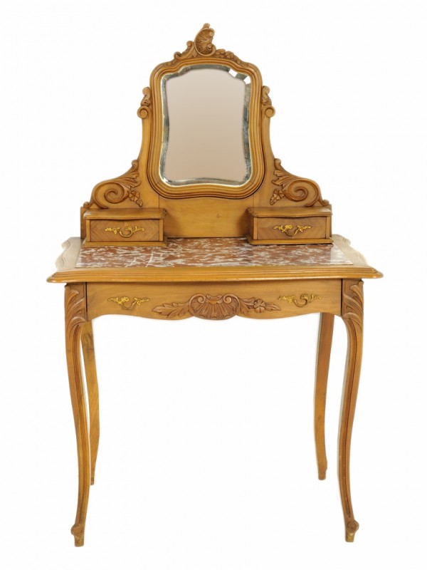 A LOUIS XV WALNUT DRESSING TABLE: A LOUIS XV WALNUT DRESSING TABLE marble top, beveled mirror 29 x 33 x 20 inches