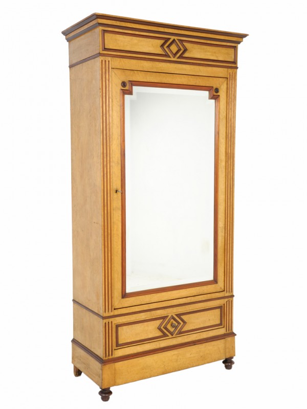 A LOUIS PHILIPPE BIRDSEYE MAPLE ARMOIRE: A LOUIS PHILIPPE BIRDSEYE MAPLE ARMOIRE beveled mirror 83 x 37 x 16 inches