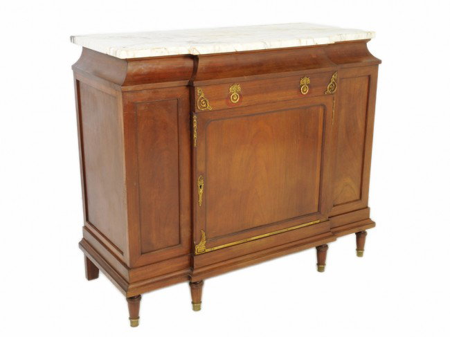 A LOUIS XVI STYLE SMALL SIZE BUFFET: A LOUIS XVI STYLE SMALL SIZE BUFFET having a conforming marble top 43 x 51 x 22 inches