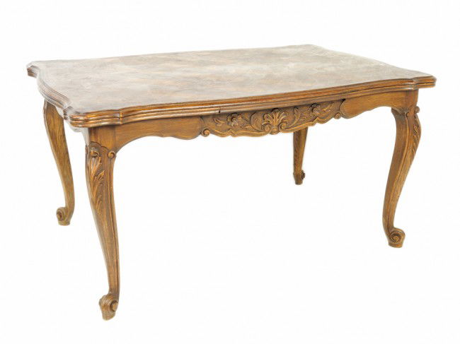 A LOUIS XV OAK DRAW LEAF TABLE: A LOUIS XV OAK DRAW LEAF TABLE parquet top 30 x 58 x 38 inches
