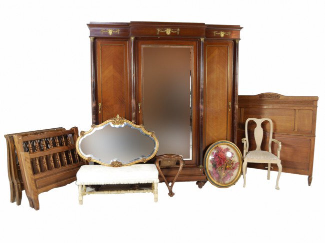 A GROUP OF ITALIAN FURNITURE ITEMS: A GROUP OF ITALIAN FURNITURE ITEMS including armoire, armchair, 5 beds, small console table, bench, frame, mirror, fern stand 11 items