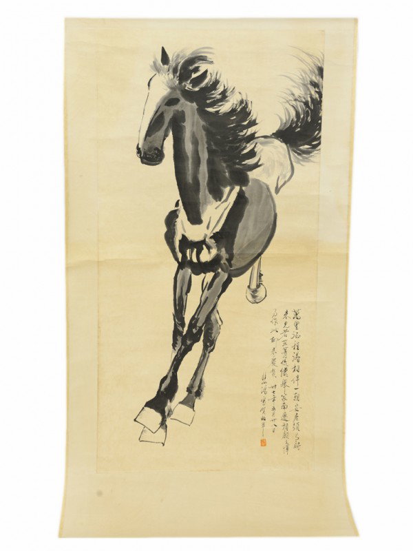 A RUNNING HORSE WATERCOLOR HANGING WALL Scroll Att: A RUNNING HORSE WATERCOLOR HANGING WALL SCROLL Attributed to Xu Beihong (Chinese 1895-1953) Black Chinese ink and watercolor on paper Signed and with calligraphic inscription in right area 52 1/2 x 26