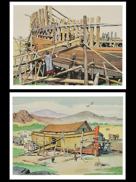 JOHN CULLEN MURPHY (American, 1919-2004): JOHN CULLEN MURPHY (American 1919-2004) The first: "So make yourself an ark of cypress wood….." watercolor and ink on paper Image: 8 3/4 x 12 inches Sheet: 13 x 16 1/4 inches Signed "JOHN CULLEN MUR