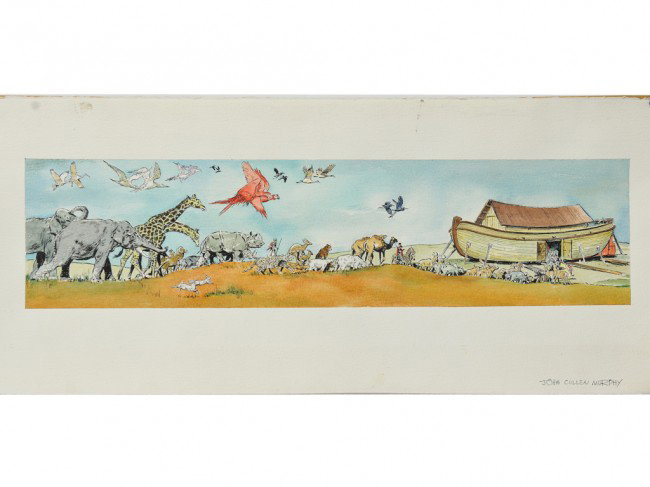 JOHN CULLEN MURPHY (American, 1919-2004): JOHN CULLEN MURPHY (American 1919-2004) "You are to bring into the ark two of all living creatures." watercolor and ink on paper Image: 6 x 24 inches (panoramic) Sheet: 11 1/2 x 29 1/4 inches Signed "