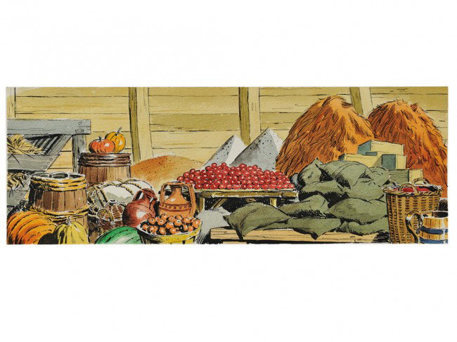 JOHN CULLEN MURPHY (American, 1919-2004): JOHN CULLEN MURPHY (American 1919-2004) "You are to take every kind of food that is to be eaten and store it away for you and for them (the animals)." watercolor and ink on paper Image: 5 3/4 x 16 inc