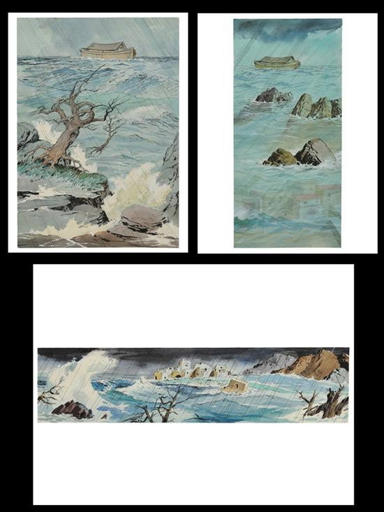 JOHN CULLEN MURPHY (American, 1919-2004): JOHN CULLEN MURPHY (American 1919-2004) The first: "Everything on dry land that had the breath of life in its nostrils died." watercolor and ink on paper Image: 17 1/2 x 8 inches Sheet: 22 1/2 x 16 1/