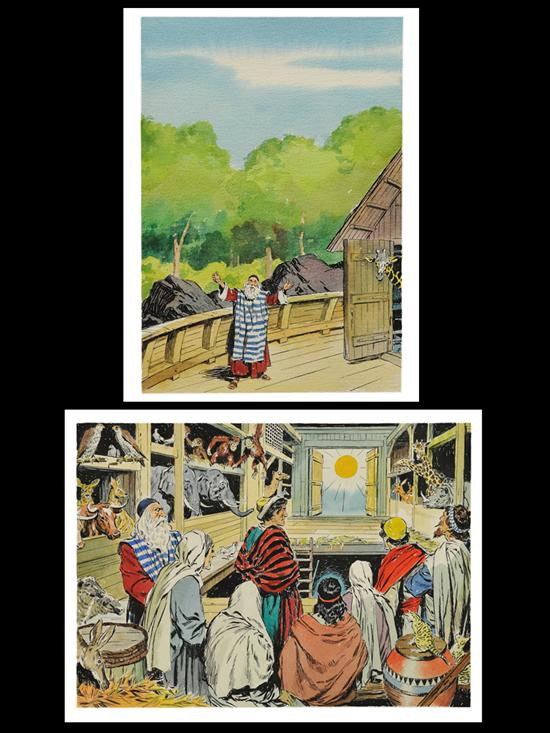 JOHN CULLEN MURPHY (American, 1919-2004): JOHN CULLEN MURPHY (American 1919-2004) The first: "Noah then removed the covering from the ark and saw that the surface of the ground was dry." watercolor and ink on paper Image: 8 3/4 x 12 inches Sh