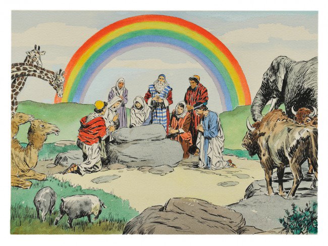 JOHN CULLEN MURPHY (American, 1919-2004): JOHN CULLEN MURPHY (American 1919-2004) "Then Noah built an altar to the Lord….." watercolor and ink on paper Image: 8 3/4 x 12 inches Sheet: 13 x 16 1/2 inches Signed "JOHN CULLEN MURPHY" lower rig