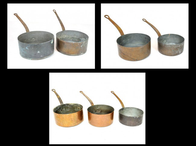 A GROUP OF SEVEN FRENCH COPPER POTS: A GROUP OF SEVEN FRENCH COPPER POTS