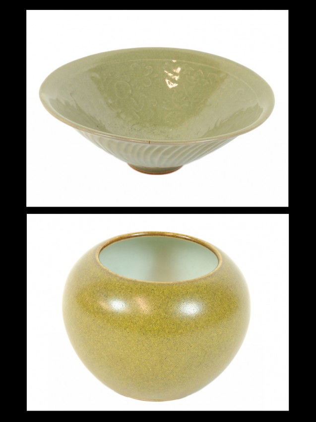 A CHINESE CELADON FINELY CARVED BOWL WITH INFANTS A: A CHINESE CELADON FINELY CARVED BOWL WITH INFANTS AND FLOWERS A CHINESE TEADUST GLAZED WATERPOT Twentieth Century waterpot with a apocryphal Qianlong seal mark bowl 2 1/2 x 7 1/2 x 7 1/2 inches; water