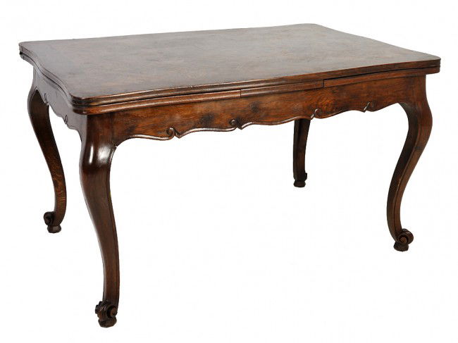 A LOUIS XV STYLE OAK DRAW LEAF TABLE: A LOUIS XV STYLE OAK DRAW LEAF TABLE parquet top 30 x 51 x 30 1/2 inches