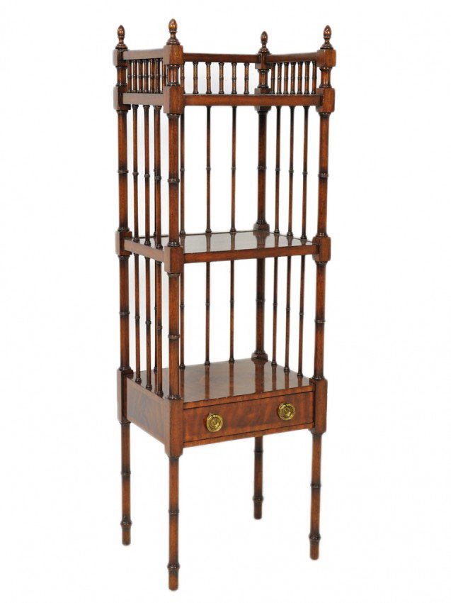 A REGENCY STYLE MAITLAND SMITH MAHOGANY ETAGERE: A REGENCY STYLE MAITLAND SMITH MAHOGANY ETAGERE of three shelves; with crossbanding to single drawer; bamboo carved supports and legs 60 x 19 1/2 x 15 inches