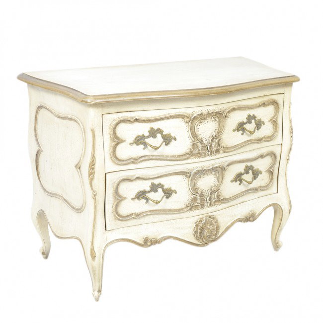 A HENREDON BOMBE COMMODE: A HENREDON BOMBE COMMODE antiqued; with two drawers 23 x 32 x 16 1/2 inches