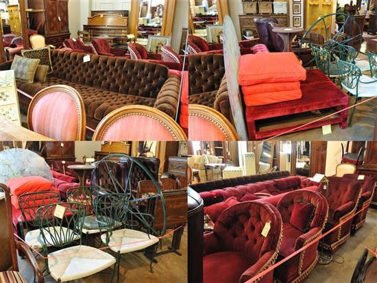A LOT OF MISCELLANEOUS FURNITURE 22 pieces: A LOT OF MISCELLANEOUS FURNITURE including a painted iron outdoor set tray tables three wicker bar stools two tufted leather chairs two upholstered benches four upholstered armchairs two sofas side ta