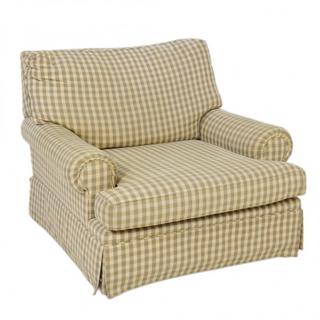 A DECORATORS WALK PLAID UPHOLSTERED PLUSH ARM CHAI: A DECORATORS WALK PLAID UPHOLSTERED PLUSH ARM CHAIR WITH OTTOMAN stains and tear to upper left back cushion 34 1/2 x 43 x 26 inches (chair) / 19 x 38 x 27 inches (ottoman)